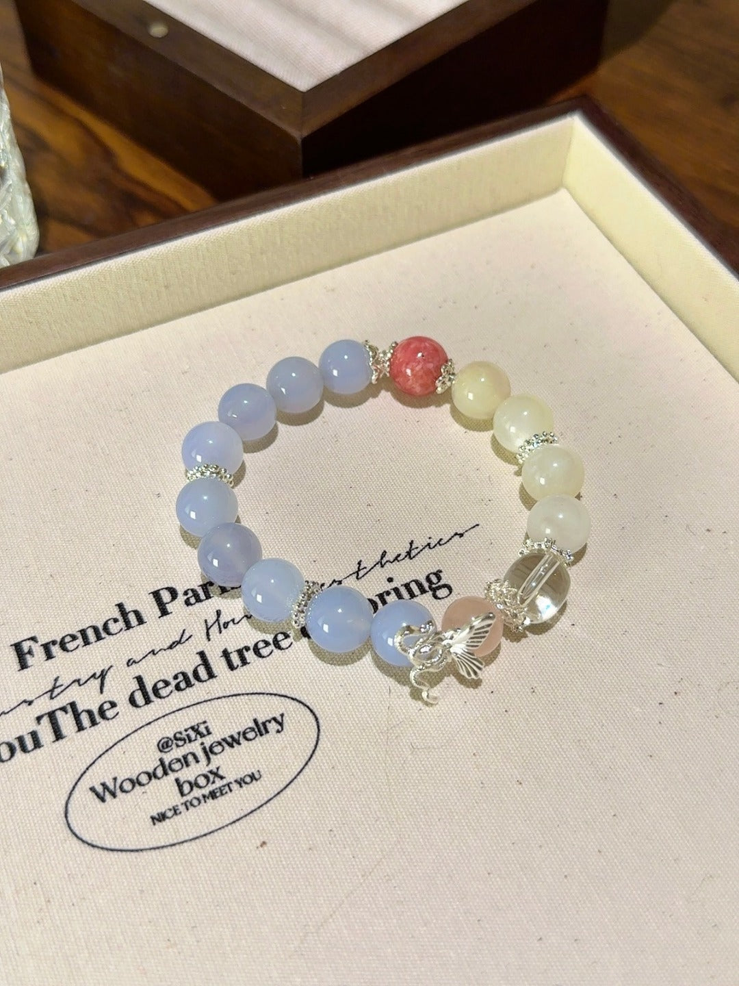 Blue Agate, White Moonstone & Rhodochrosite Bracelet · Soft Tide