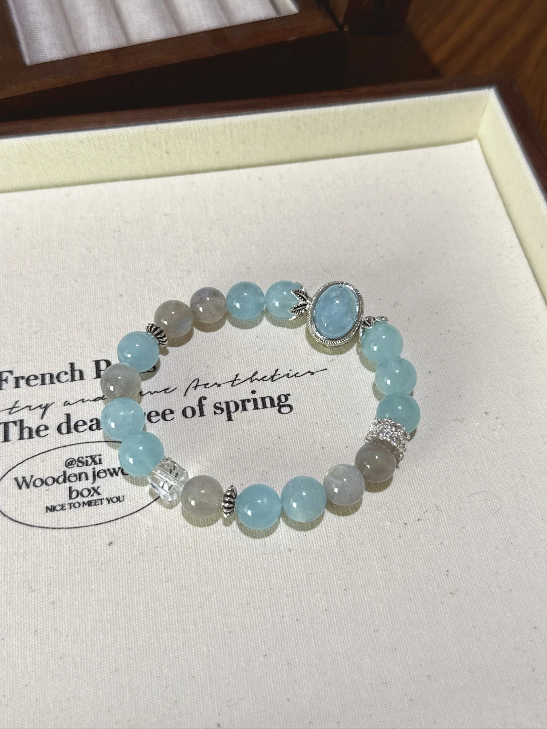 Aquamarine & Grey Moonstone Cube Bracelet · Deep Breath