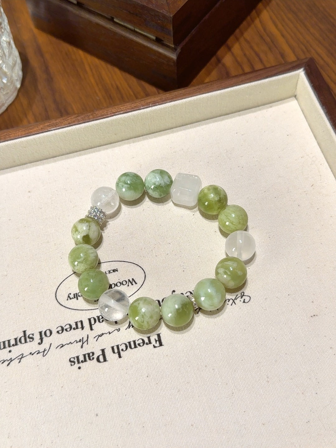 Xiuyan Jade, White Phantom & Clear Quartz Cube Bracelet · Spring Water