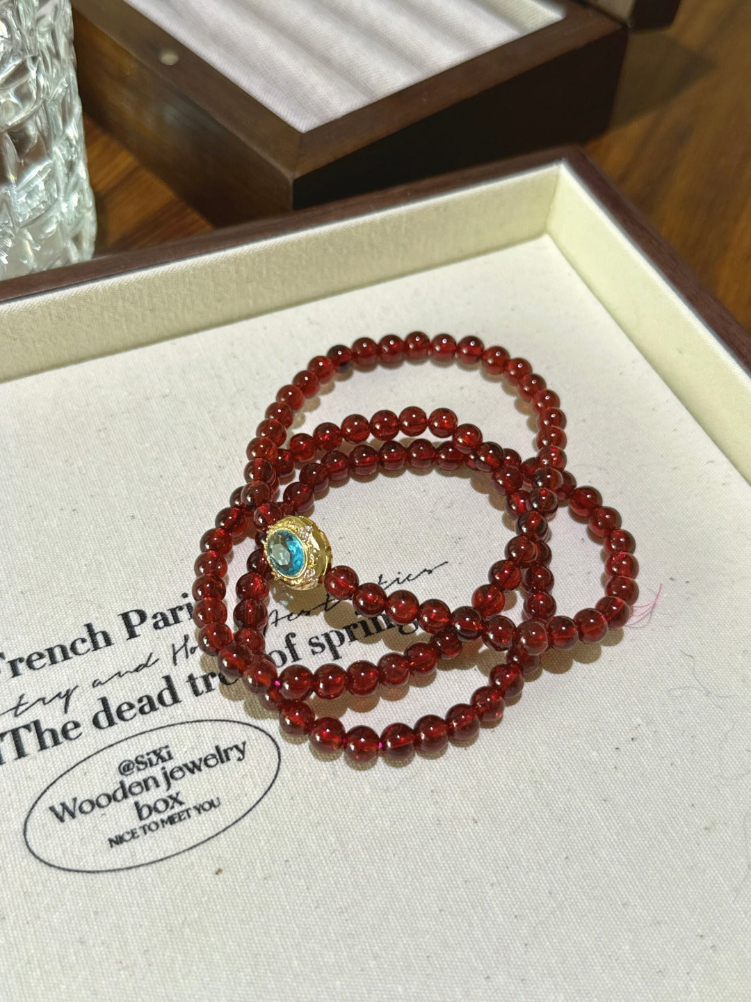 Garnet Multi-Wrap with Blue Zircon Cube – natural crystal bracelet by JINGLUNA