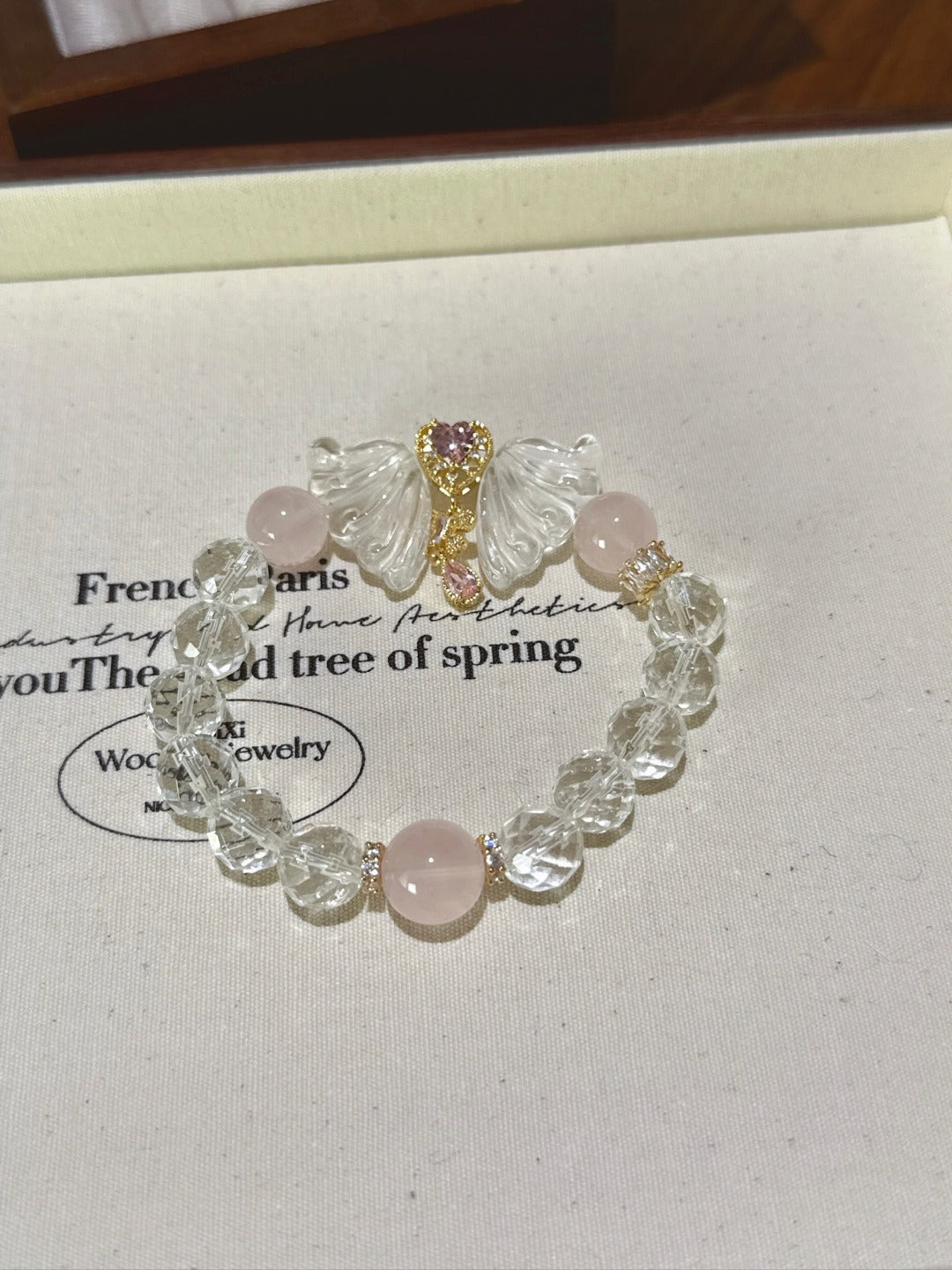 Clear Quartz & Rose Quartz Angel Wing Bracelet – natural crystal bracelet by JINGLUNA